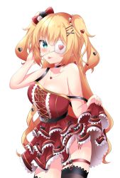 Rule 34 | 1girl, :p, akai haato, akai haato (gothic lolita), bare arms, bare shoulders, belt, blonde hair, blue eyes, breasts, closed mouth, clothes lift, cross-laced clothes, dress, dress lift, eyepatch, frilled dress, frills, gothic lolita, hair between eyes, hair ornament, hairclip, heart, heart eyepatch, highres, hikarin0502, hololive, large breasts, legwear garter, lolita fashion, long hair, looking at viewer, medical eyepatch, red dress, short dress, simple background, sleeveless, sleeveless dress, smile, solo, strap slip, thighhighs, tongue, tongue out, two side up, very long hair, virtual youtuber, white background, x hair ornament