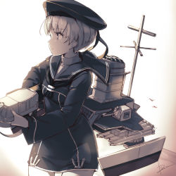 Rule 34 | 10s, 1girl, anchor, artist name, beret, cannon, cowboy shot, dress, gradient background, gun, hat, highres, kantai collection, long sleeves, looking to the side, machinery, pemu, sailor collar, sailor dress, short hair, solo, torpedo, turtleneck, weapon, white background, z1 leberecht maass (kancolle)