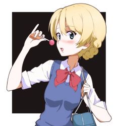 Rule 34 | 1girl, alternate costume, bag, black background, blonde hair, blouse, blue eyes, blue sweater, blue vest, blush, border, bow, bowtie, braid, braided bun, candy, carrying, collared shirt, commentary, darjeeling (girls und panzer), food, girls und panzer, hair between eyes, hair bun, holding, holding candy, holding food, holding lollipop, kayabakoro, lips, lollipop, looking at viewer, open mouth, outside border, red bow, red bowtie, school bag, school uniform, shirt, short hair, sleeves rolled up, smile, solo, sweater, sweater vest, textless version, upper body, vest, white border, white shirt