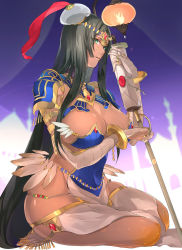 Rule 34 | 1girl, arm under breasts, arm wrap, armlet, armor, bandaged arm, bandages, black hair, bracelet, breasts, bridal gauntlets, circlet, cleavage, commentary request, curvy, dark-skinned female, dark skin, fate/grand order, fate (series), forehead jewel, green eyes, hair ornament, highres, hoshi rasuku, jewelry, large breasts, long hair, open mouth, pauldrons, revealing clothes, ring, scheherazade (fate), seiza, shoulder armor, sidelocks, sitting, staff, tan, thighs, thumb ring, very long hair