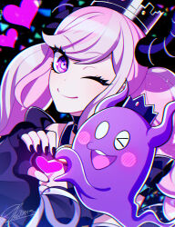 Rule 34 | 1girl, absurdres, black dress, black gloves, black horns, black nails, blush, braid, breasts, chromatic aberration, cleavage, closed mouth, commentary request, crown, demon horns, dress, dual persona, fingerless gloves, ghost, gloves, heart, heart hands, heart hands duo, highres, horns, karasuduki, long hair, looking at viewer, master detective archives: rain code, medium breasts, multicolored hair, nail polish, one eye closed, pink hair, purple eyes, shinigami (ghost) (rain code), shinigami (rain code), signature, smile, solo, swept bangs, twin braids, two-tone hair, upper body