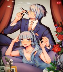 Rule 34 | 1boy, 1girl, alternate costume, ayaka (genshin impact), bead necklace, beads, blue eyes, blue hair, blue jacket, blue shirt, breasts, brother and sister, cigarette, cleavage, commentary, curtains, drop shadow, emi (emiaegi), english commentary, flower, genshin impact, highres, holding, holding cigarette, holding hands, jacket, jewelry, kamisato ayato, long sleeves, medium breasts, necklace, necktie, pink lips, ponytail, red flower, shirt, short hair, short sleeves, siblings, smoke, smoking, white shirt