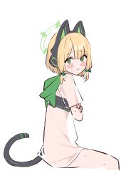 Rule 34 | 1girl, absurdres, animal ear headphones, animal ears, blanchat, blonde hair, blue archive, blush stickers, bow, cat ear headphones, closed mouth, fake animal ears, fake tail, green bow, green eyes, green halo, hair bow, halo, headphones, highres, looking at viewer, midori (blue archive), shirt, short hair, short sleeves, simple background, sitting, solo, sweat, t-shirt, tail, white background, white shirt