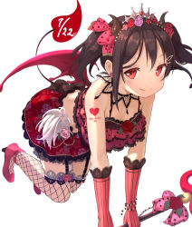 Rule 34 | 10s, 1girl, black hair, bow, demon tail, demon wings, fishnet thighhighs, fishnets, gloves, hair bow, long hair, love live!, love live! school idol festival, love live! school idol project, pachi (sugiyama0306), red eyes, simple background, solo, staff, tail, thighhighs, tiara, twintails, wings, yazawa nico
