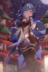 Rule 34 | 1girl, absurdres, ahoge, architecture, bare shoulders, bell, blue hair, breasts, brown pantyhose, chinese knot, detached sleeves, east asian architecture, flower knot, full moon, ganyu (genshin impact), genshin impact, gold trim, highres, horns, lantern, long hair, looking to the side, medium breasts, moon, neck bell, night, pantyhose, paper lantern, purple eyes, same (sendai623), sidelocks, smile, solo, standing, tassel, thighlet, thighs, vision (genshin impact), waist cape, white sleeves
