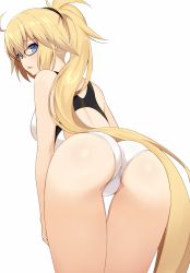 Rule 34 | 1girl, ass, bare arms, bare legs, bare shoulders, black-framed eyewear, blonde hair, blue eyes, competition swimsuit, fate (series), from behind, glasses, highres, jeanne d&#039;arc (fate), jeanne d&#039;arc (ruler) (fate), jeanne d&#039;arc (swimsuit archer) (fate), jeanne d&#039;arc (swimsuit archer) (second ascension) (fate), long hair, looking at viewer, looking back, one-piece swimsuit, ponytail, simple background, solo, sukebewe, swimsuit, thigh gap, very long hair, white background, white one-piece swimsuit