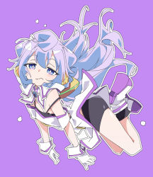 Rule 34 | 1boy, bike shorts, blue eyes, blue hair, closed mouth, full body, gloves, hacka doll, hacka doll 3, ixy, long hair, looking at viewer, male focus, purple background, shoes, simple background, solo, trap, wavy mouth, white footwear, white gloves