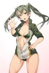 Rule 34 | 1girl, bikini, bikini under clothes, cowboy shot, green eyes, green hair, hand on own hip, highres, kantai collection, long hair, looking at viewer, navel, open mouth, simple background, solo, standing, stomach, swimsuit, swimsuit under clothes, tsukira (amayadori), twintails, white background, zuikaku (kancolle)