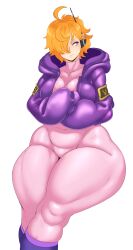 Rule 34 | 1girl, :/, absurdres, blush, bodysuit, breasts, crossed arms, crossed legs, curvy, hair over one eye, highres, hood, hoodie, invisible chair, jacket, large breasts, one piece, orange hair, plump, shiny clothes, shiny skin, short hair, sitting, sunnysundown, vegapunk lilith, wide hips