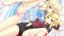 Rule 34 | 2girls, bare shoulders, blonde hair, blush, bow, bow panties, breasts, cameltoe, female focus, fingernails, game cg, green eyes, hair ornament, half-closed eyes, highres, kin&#039;iro loveriche, leg up, long hair, medium breasts, medium hair, multiple girls, navel, panties, perky breasts, pink panties, purple panties, red eyes, seductive smile, shorts, smile, spread legs, open fly, underwear, x hair ornament