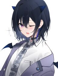 Rule 34 | 1girl, absurdres, black collar, black hair, blazer, blue hair, blue horns, blue wings, collar, collared shirt, demon girl, demon horns, demon wings, dress shirt, earrings, grey jacket, grey necktie, hair between eyes, highres, horns, houndstooth, ichinose uruha, ichinose uruha (6th costume), jacket, jewelry, long sleeves, looking at viewer, mini wings, multicolored hair, necktie, off shoulder, one eye closed, open clothes, open jacket, open mouth, purple eyes, school uniform, shirt, short hair, simple background, solo, sparkle, streaked hair, upper body, virtual youtuber, vspo!, white background, white shirt, wing collar, wings, yuuki02