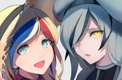 Rule 34 | 2girls, abyssal ship, beret, blonde hair, blue eyes, blue hair, commandant teste (kancolle), commentary request, grey hair, hair over one eye, hat, kantai collection, long hair, looking at viewer, multicolored hair, multiple girls, open mouth, red hair, scarf, seaplane tender water princess, smile, streaked hair, sun hat, upper body, walzrj, white hair, yellow eyes