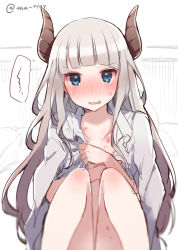 Rule 34 | 1girl, anger vein, blue eyes, blunt bangs, covering privates, covering breasts, demon horns, eleanor (ikeuchi tanuma), embarrassed, feet out of frame, grey hair, grey shirt, horns, ikeuchi tanuma, knees up, long hair, looking at viewer, naked shirt, open clothes, open shirt, original, shirt, sitting, solo, spoken squiggle, squiggle, tears, unfinished, sketch background
