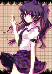 Rule 34 | 1girl, black hair, breast rest, breasts, brown hair, cellphone, checkered clothes, checkered skirt, colored eyelashes, female focus, hat, himekaidou hatate, motomiya mitsuki, necktie, phone, plaid, plaid background, pointy ears, red eyes, skirt, solo, tokin hat, touhou, twintails