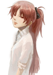 Rule 34 | 10s, 1girl, black bow, bow, casual, expressionless, from side, hair bow, kennyo (muchimuchi), lips, long hair, mahou shoujo madoka magica, mahou shoujo madoka magica (anime), nose, ponytail, red eyes, red hair, sakura kyoko, simple background, solo, upper body, white background