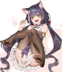 Rule 34 | 1girl, absurdres, animal ear fluff, animal ears, black hair, black kimono, black thighhighs, cat ears, cat girl, cat tail, covering crotch, covering privates, detached sleeves, dress, feet, green eyes, high collar, highres, innertube with ears, jacket, japanese clothes, karyl (princess connect!), kimono, long hair, low twintails, multicolored hair, open clothes, open mouth, open shorts, pepperdevil, princess connect!, purple jacket, see-through, see-through legwear, shorts, simple background, sleeveless, sleeveless dress, soles, solo, tail, thighhighs, toes, twintails, very long hair, white background