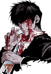Rule 34 | 1boy, alcohol, black hair, black jacket, blood, blood on clothes, blood on face, blood on hands, bottle, cup, drinking glass, grey eyes, hair between eyes, highres, holding, holding bottle, holding cup, injury, jacket, limited palette, long sleeves, looking at viewer, male focus, my nameisyoon, nicholas d. wolfwood, parted lips, popped collar, shirt, short hair, shot glass, solo, teeth, trigun, white background, white shirt