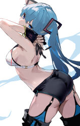 Rule 34 | 1girl, absurdres, alternate costume, arched back, arms behind head, arms up, ass, back, bare shoulders, black gloves, black shorts, black thighhighs, blue eyes, blue hair, cowboy shot, fingerless gloves, from behind, gloves, hair between eyes, hair ornament, hashtag-only commentary, hatsune miku, highres, long hair, looking at viewer, looking back, midriff, rerendi, short shorts, shorts, simple background, solo, sports bra, thighhighs, twintails, very long hair, vocaloid, white background, white sports bra