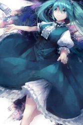 Rule 34 | 1girl, aqua eyes, aqua hair, bad id, bad pixiv id, blue dress, clothes lift, dress, dress lift, frilled dress, frills, hatsune miku, legs, long dress, long hair, looking at viewer, lyodi, outstretched hand, puffy sleeves, short sleeves, sketch, solo, twintails, very long hair, vocaloid, voice (vocaloid)