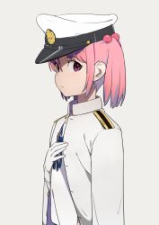 Rule 34 | 1girl, expressionless, gloves, grey background, hair bobbles, hair ornament, hat, kantai collection, long sleeves, military, military uniform, naval uniform, peaked cap, pink eyes, pink hair, sazanami (kancolle), short hair, simple background, sohin, solo, twintails, uniform, white gloves