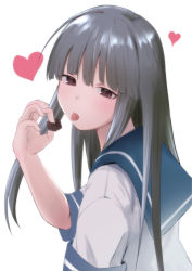 Rule 34 | 1girl, black hair, blue sailor collar, blunt bangs, brown eyes, chocolate, commentary request, hatsuyuki (kancolle), heart, highres, hime cut, kantai collection, long hair, sailor collar, sakieko, school uniform, serafuku, simple background, solo, tongue, tongue out, upper body, white background