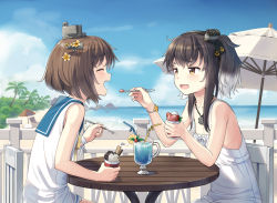 Rule 34 | 2girls, ^ ^, alternate costume, anchor symbol, bad id, bad pixiv id, bendy straw, black hair, brown eyes, brown hair, chair, closed eyes, cnm, cup, day, dress, drinking glass, drinking straw, closed eyes, flower, food, from side, gradient hair, grey hair, hair flower, hair ornament, hairband, hat, headgear, holding, holding food, holding spoon, ice cream, kantai collection, mini hat, multicolored hair, multiple girls, open mouth, outdoors, sailor dress, short hair, short hair with long locks, sidelocks, sitting, sleeveless, sleeveless dress, speaking tube headset, spoon, table, tokitsukaze (kancolle), white dress, yellow flower, yukikaze (kancolle)