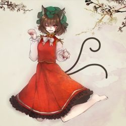Rule 34 | 1girl, animal ears, bad id, bad pixiv id, barefoot, bow, bowtie, brown hair, cat ears, cat girl, cat tail, chen, cherry blossoms, earrings, face, fang, feet, female focus, fingernails, jewelry, kneeling, long fingernails, multiple tails, nail polish, one eye closed, paw pose, red eyes, short hair, single earring, skirt, skirt set, smile, solo, tail, tomoe (itigo), touhou, wink