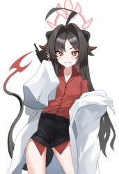 Rule 34 | 1girl, ahoge, black hair, black horns, black shorts, blue archive, buttons, closed mouth, coat, collared shirt, cowboy shot, demon horns, flat chest, hair intakes, halo, highres, horns, kasumi (blue archive), lab coat, long hair, looking at viewer, moshiwa (indigollite), oversized clothes, red halo, red shirt, shirt, shirt tucked in, shorts, simple background, sleeves past fingers, sleeves past wrists, smile, solo, walkie-talkie, white background, white coat, yellow eyes