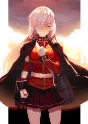 Rule 34 | 1girl, bag, bandage over one eye, breasts, brown cape, brown skirt, cape, closed eyes, commentary request, facing viewer, fate/grand order, fate (series), florence nightingale (fate), florence nightingale (third ascension) (fate), gloves, hand up, highres, jacket, long hair, long sleeves, medium breasts, pantyhose, pink hair, pleated skirt, red jacket, shoulder bag, skirt, solo, soupchan, very long hair, white gloves, white pantyhose