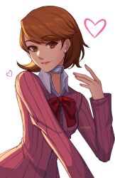 1girl bow bowtie brown_eyes brown_hair caminukai cardigan choker closed_mouth collared_shirt commentary earrings glint heart jewelry lips long_sleeves looking_at_viewer persona persona_3 persona_3_reload pink_cardigan pink_lips red_bow red_bowtie ribbed_cardigan shirt short_hair simple_background smile solo stud_earrings swept_bangs takeba_yukari twitter_username upper_body white_background white_shirt