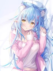 Rule 34 | 1girl, ahoge, akamoku, animal ear fluff, animal ears, blue hair, blue nails, blush, breasts, cat ears, commentary request, ear piercing, elf, hair between eyes, hair ornament, hands up, highres, hololive, jacket, large breasts, long hair, looking at viewer, lying, midriff peek, multicolored hair, nail polish, on side, open clothes, open jacket, parted lips, piercing, pink jacket, pointy ears, shirt, sleeves past wrists, solo, streaked hair, twitter username, upper body, very long hair, virtual youtuber, white shirt, x hair ornament, yellow eyes, yukihana lamy