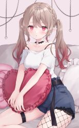 Rule 34 | 1girl, absurdres, bare shoulders, black pantyhose, blue shorts, blush, braid, brown hair, commission, double-parted bangs, fishnet pantyhose, fishnets, french braid, gradient hair, heart, heart o-ring, heart-shaped pillow, highres, hugging object, indie virtual youtuber, long hair, looking at viewer, multicolored hair, off-shoulder shirt, off shoulder, pantyhose, pillow, pillow hug, purple eyes, red eyes, red hair, shano hiyori, shirt, short sleeves, shorts, single leg pantyhose, skeb commission, solo, thigh strap, twintails, virtual youtuber, white shirt, yakami ware