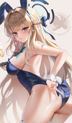 Rule 34 | 1girl, absurdres, alcohol, animal ears, ass, bare shoulders, blonde hair, blue archive, blue eyes, blue leotard, blush, bow, bowtie, braid, breasts, champagne, champagne flute, cup, detached collar, drinking glass, earpiece, fake animal ears, french braid, halo, highleg, highleg leotard, highres, large breasts, leotard, long hair, looking at viewer, looking back, parted lips, playboy bunny, rabbit ears, solo, starlip, thighhighs, thighs, toki (blue archive), toki (bunny) (blue archive), tray, v, white thighhighs, wrist cuffs
