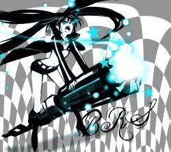 Rule 34 | 10s, 1girl, arm cannon, bad id, bad pixiv id, belt, bikini, bikini top only, black hair, black rock shooter, black rock shooter (character), blue eyes, blue theme, boots, cape, cloak, coat, female focus, flat chest, glowing, glowing eyes, gun, hatsune miku, hood, hooded jacket, jacket, knee boots, long hair, midriff, mo-p, monochrome, navel, pale skin, short shorts, shorts, solo, spot color, star (symbol), swimsuit, twintails, uneven twintails, very long hair, vocaloid, weapon