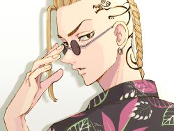 Rule 34 | 1boy, black eyes, black shirt, blonde hair, braid, braided ponytail, collared shirt, dragon tattoo, earrings, hand up, highres, jewelry, long hair, looking at viewer, male focus, meimei (cb mei), parted lips, round eyewear, ryuuguuji ken, shirt, simple background, single earring, solo, sunglasses, tattoo, tokyo revengers, tsurime, upper body, white background