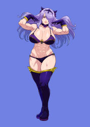 Rule 34 | 1girl, abs, absurdres, blue background, boots, breasts, camilla (fire emblem), choker, cirenk, cleavage, female focus, fire emblem, fire emblem fates, full body, gloves, hair over one eye, highres, horns, huge breasts, long hair, looking at viewer, matching hair/eyes, muscular, muscular female, navel, nintendo, panties, purple eyes, purple hair, purple panties, solo, standing, thigh boots, thighhighs, underwear, underwear only