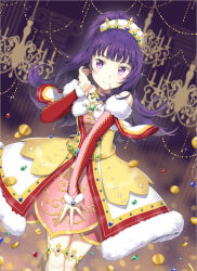 Rule 34 | 1girl, bare shoulders, blue gemstone, blunt bangs, chandelier, closed mouth, coin, commentary request, cowboy shot, detached sleeves, dress, fur-trimmed dress, fur-trimmed sleeves, fur trim, gem, green gemstone, hanazono shuka, hand up, idol clothes, idol time pripara, legs together, long hair, looking at viewer, ponytail, pretty series, pripara, purple eyes, purple hair, smile, solo, standing, thighlet, tiara, unya (unya-unya)