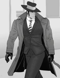 Rule 34 | 1boy, arsene lupin iii, chin, coat, collared coat, feet out of frame, gloves, greyscale, hat, highres, kon likes corn, long sideburns, looking at another, lupin iii, male focus, manly, mature male, monochrome, muscular, muscular male, necktie, open clothes, open coat, pants, pectorals, shirt, sideburns, simple background, solo, thighs, walking