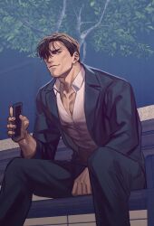 Rule 34 | 109ddong, 1boy, absurdres, bara, bench, black eyes, black hair, black pants, black suit, cellphone, feet out of frame, formal, highres, holding, holding phone, looking at viewer, male focus, mature male, muscular, muscular male, original, pants, partially unbuttoned, pectoral cleavage, pectorals, phone, short hair, sitting, smartphone, smile, solo, suit, tree