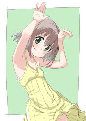 Rule 34 | 1girl, armpits, bare shoulders, collarbone, commentary request, covered erect nipples, covered navel, dress, green background, green eyes, grey hair, hair ornament, hairclip, hands up, kohshibasaki, looking at viewer, medium hair, sleeveless, sleeveless dress, solo, spaghetti strap, sundress, yama no susume, yellow dress, yukimura aoi