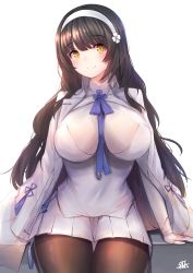 Rule 34 | 1girl, absurdres, black hair, blush, breasts, brown pantyhose, cape, closed mouth, flower, girls&#039; frontline, gloves, hair flower, hair ornament, hairband, highres, hiromaster sinta jh, large breasts, long hair, looking at viewer, pantyhose, pleated skirt, shirt, signature, sitting, skirt, smile, solo, type 95 (girls&#039; frontline), very long hair, white gloves, white hairband, white shirt, white skirt, yellow eyes