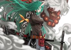 Rule 34 | 1girl, absurdres, alternate costume, arknights, arm ribbon, arm scarf, belt, black shirt, breasts, dragon horns, from side, green eyes, green hair, hair over one eye, high collar, highres, horns, hoshiguma (arknights), hoshiguma (ronin huntress) (arknights), large breasts, long hair, mask, official alternate costume, planted, planted sword, planted weapon, ribbon, shield, shirt, single horn, skin-covered horns, smirk, smoke, standing, sword, sword behind back, underbust, weapon, yoshio (55level)