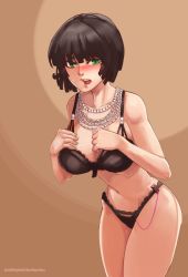 Rule 34 | 1girl, black bra, black hair, black panties, blush, bra, breasts, cleavage, embarrassed, fubuki (one-punch man), green eyes, green nails, highres, jewelry, large breasts, leaning forward, lingerie, nail polish, navel, necklace, one-punch man, open mouth, panties, pussy juice, remote control vibrator, sex toy, short hair, solo, tumtumisu, underwear, underwear only, vibrator, vibrator under clothes, vibrator under panties