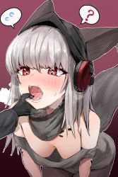 Rule 34 | 1girl, 1other, ?, absurdres, animal ears, arknights, black scarf, blush, breasts, brown pantyhose, cleavage, cowboy shot, downblouse, dress, fangs, flying sweatdrops, fox ears, fox girl, fox tail, frostleaf (arknights), gradient background, grey dress, hand in another&#039;s mouth, highres, horn/wood, leaning forward, looking down, material growth, medium breasts, no bra, nose blush, off-shoulder dress, off shoulder, open mouth, oripathy lesion (arknights), pantyhose, purple background, red eyes, scarf, solo focus, speech bubble, spoken flying sweatdrops, spoken question mark, tail
