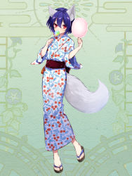 Rule 34 | 1girl, animal ears, bag, candy, cherry print, cotton candy, dairoku ryouhei, eating, food, food print, fox ears, fox girl, fox tail, full body, green background, hair between eyes, handbag, japanese clothes, kimono, l (matador), lollipop, looking at viewer, purple hair, red eyes, sandals, simple background, solo, standing, tail, wide sleeves