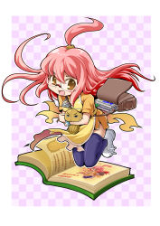 Rule 34 | 1girl, absurdres, book, glasses, highres, kubocha, kubota, long hair, looking at viewer, open mouth, pink hair, recursion, smile, solo, thighhighs