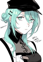 Rule 34 | 1girl, aqua eyes, aqua hair, black dress, black hat, closed mouth, commentary request, dress, earrings, hair bun, hat, highres, jewelry, looking at viewer, nightingale (path to nowhere), path to nowhere, solo, toho10min, translation request, upper body