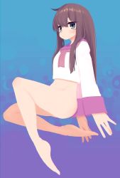 Rule 34 | 1girl, absurdres, barefoot, blue background, bottomless, brown hair, darandy, expressionless, feet, female focus, green eyes, highres, long hair, original, purple background, solo