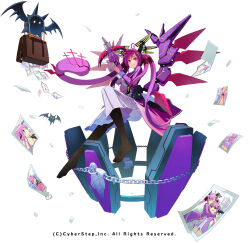 Rule 34 | absurdres, amlim, bow (weapon), breasts, chain, coffin, cosmic break, crossbow, dress, highres, large breasts, long sleeves, mecha musume, morizo cs, nemlim mellow, official art, purple eyes, purple hair, smile, tighs, twintails, vampire, weapon