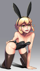 Rule 34 | 10s, 1girl, absurdres, all fours, animal costume, animal ears, argo the rat, bad id, bad pixiv id, black thighhighs, blonde hair, breasts, breasts apart, cleavage, facial mark, fake animal ears, grey background, groin, highres, hip focus, leotard, medium breasts, open mouth, playboy bunny, rabbit ears, short hair, simple background, solo, sword art online, thighhighs, thighs, whisker markings, yellow eyes